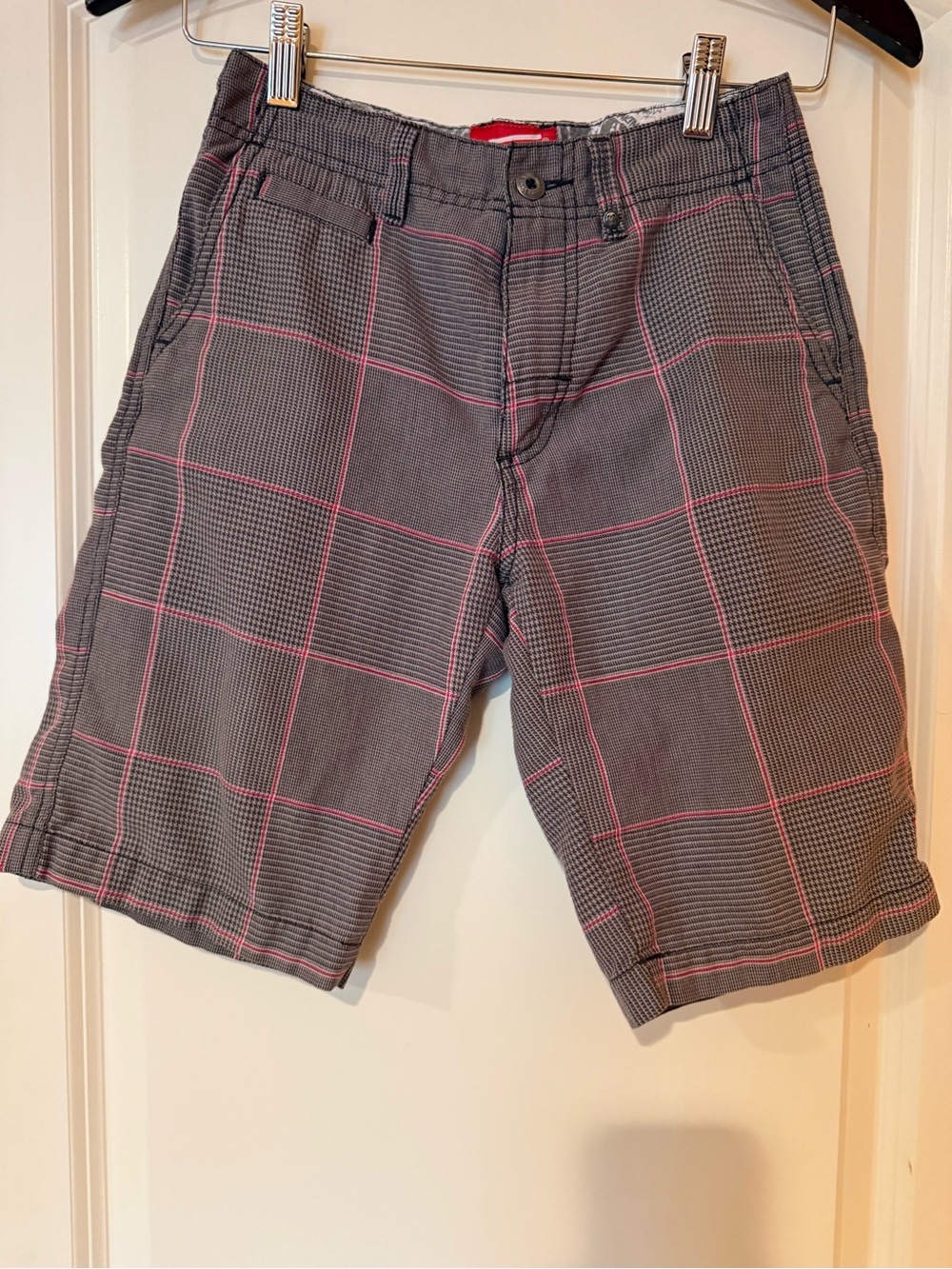 Vans, Boy’s Gray Plaid Shorts with Pink Windowpane plaid, Like New, Size 10